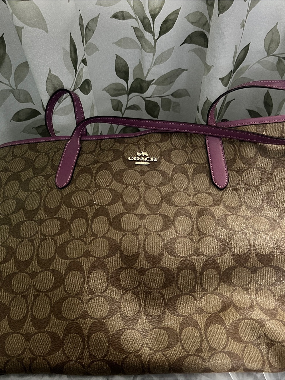Coach Brown Signature Tote with Purple Trim and Handles